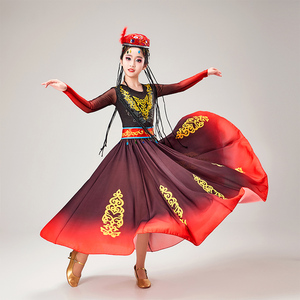 儿童新疆舞蹈演出服夏季维吾尔族手鼓大摆裙艺考女童表演民族服装
