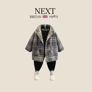英国NEXT秋冬季男童呢子大衣外套帅气宝宝中长款加厚休闲格子风衣