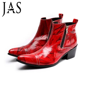 JAS尖头高帮短靴红色男士皮鞋牛皮休闲真皮舞台韩版个性时装皮靴