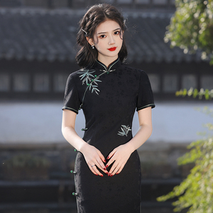 黑色旗袍夏季新款2024年复古民国日常可穿古法刺绣女新中式连衣裙