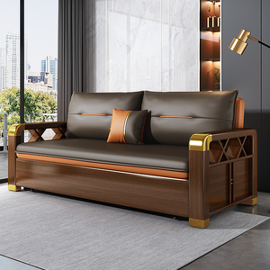 实木沙发床可折叠客厅小户型双人单人坐卧两用多功能新中式推拉床
