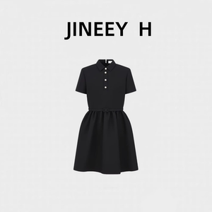 【JINEEY H】现货！24新款高级感赫本风珍珠纽扣短袖衬衫式连衣裙