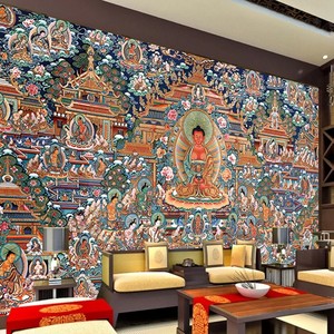 藏式唐卡释迦牟尼佛菩萨墙布佛祖像墙客厅背景壁纸