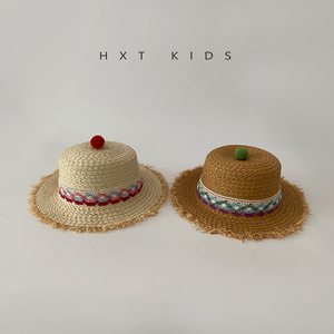 儿童草帽夏季洋气小球手工编织礼帽男女童宝宝出游沙滩拍照防晒帽