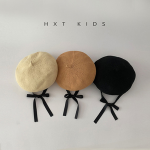 儿童贝雷帽夏季透气洋气纯色系带时尚画家帽韩国潮童宝宝穿搭帽子