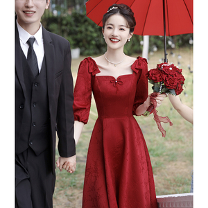 敬酒服新娘小个子平时可穿法式订婚连衣裙红色回门便装礼服裙夏天