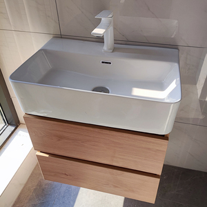 原木风60窄小户型浴室柜陶瓷一体盆洗手脸池组合卫生间日式洗漱台