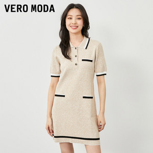 Vero Moda针织连衣裙2023夏季新款小香风polo领直筒短袖优雅通勤