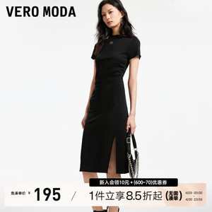 Vero Moda【魔法裙】连衣裙2024春夏新款时髦短袖黑色开衩T恤裙女
