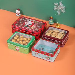 圣诞节长方形马口铁盒创意透明盖糖果盒儿童零食巧克力包装盒空盒
