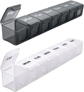 厂家便携随身七格药盒子 7天透明长条药片盒收纳盒分格PP药丸盒