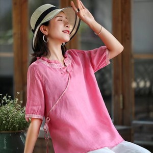 2021年最新款民族风大码女装 棉麻夏季短袖上衣 粉红色 多色可选