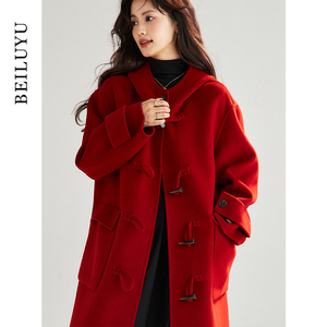 连帽红色双面羊绒大衣女牛角扣中长款2023冬季韩版宽松羊毛呢外套