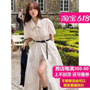Fletta韩版小众法式白色蕾丝衬衫裙短袖镂空衬衫式连衣裙女长裙