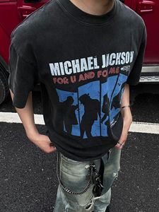 TSAOOJ 迈克尔·杰克逊人物标语水洗短袖cleanfit复古vtg半袖t恤