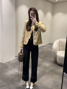 新中式女装国风新中式唐装盘扣黄色外套牛仔裤高级感小洋装两件套
