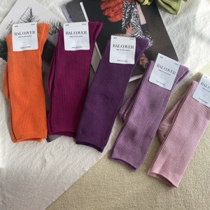 长筒袜子紫红色紫色韩国进口纯色堆堆袜竖纹路粉色橘色中筒女袜子