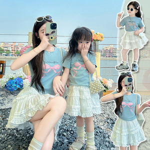 韩版亲子母女装两件套装T恤2024夏季新款亲子女童短袖套裙上衣潮