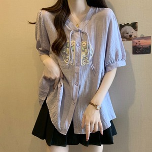 新中式国风刺绣紫色V领雪纺短袖衬衫女夏季大码胖mm宽松遮肚上衣