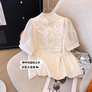 新中式国风短袖衬衫女夏季新款大码胖mm重工刺绣漂亮小衫雪纺上衣