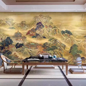 新中式国画山水墙纸复古蓬莱仙境图壁纸仙家堂口客厅酒店背景墙布