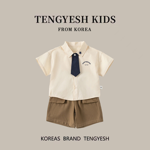 韩国TENGYESH男童夏装学院风衬衫短裤套装女童夏季帅气裙子姐弟装