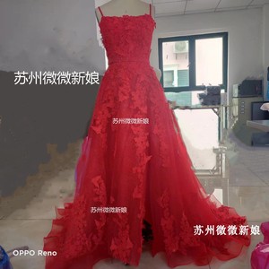 2023最新款红色婚纱礼服，蝴蝶飞舞气质主持修身显瘦长款晚礼服