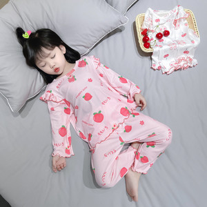 女童睡衣夏季纯棉薄款冰丝长袖儿童莫代尔套装春秋季女宝宝小女孩
