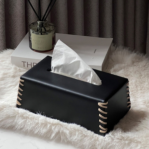 高级感黑色皮革编织纸巾盒客厅茶几轻奢高档抽纸盒餐桌装饰品摆件