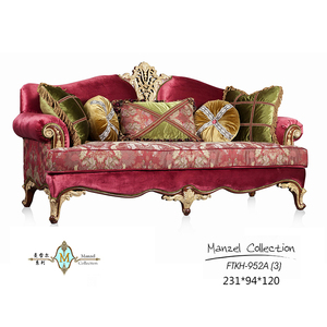 宫廷法式古典风格榉木实木雕花贴金箔红色绒布羽绒客厅沙发小户型