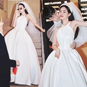 影楼婚纱挂脖包邮复古韩式摄影主题拍照服装旅拍白色简约优雅礼服
