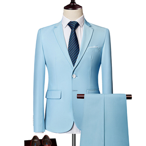 秋装大码男士西装套装商务休闲职业工装天蓝色两件套西服修身裤子