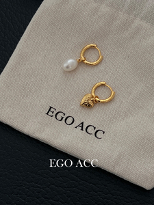 EGO ACC 精致纯银AB版不对称爱心天然珍珠耳环女复古精致耳圈