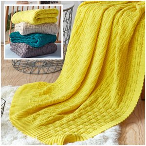 纯棉线沙发盖毯空调毯子毛巾被全棉针织休闲毯床尾巾床盖搭毯黄色