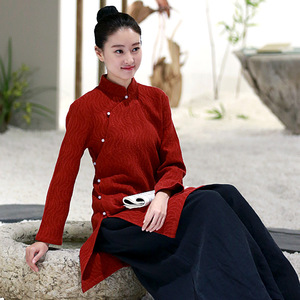 中式禅意女装改良旗袍短款修身秋冬长袖茶服红色长上衣孤品复古风
