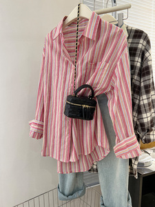 粉色竖条纹衬衫女春秋2024新款设计感小众小个子叠穿衬衣外套上衣