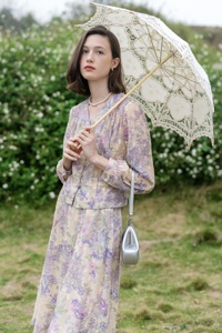 【现货】印象派花园纯棉料紫色印花短款小衫加高腰伞裙复古套装