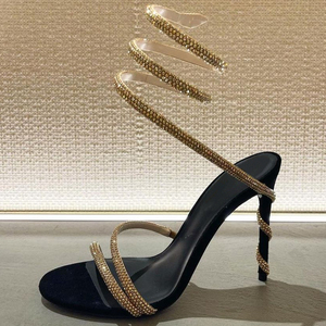 2024新款法式名媛钻石细带蛇形绕脚时装高跟细跟圆头露趾女凉鞋