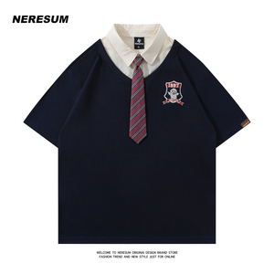 Neresum日系学院风假两件领带短袖T恤女夏季宽松情侣学生POLO上衣