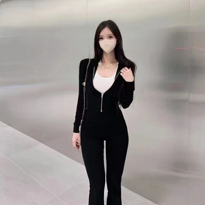 韩国东大门时尚舒适新品女装性感短款开衫长袖卫衣喇叭运动裤套装