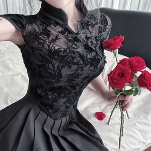 夏季新款复古修身黑色网纱旗袍衫气质性感夜店显瘦上衣