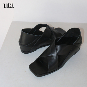 Uta 小坡跟凉鞋 原创设计 两穿隐形内增高复古文艺女真皮凉拖鞋