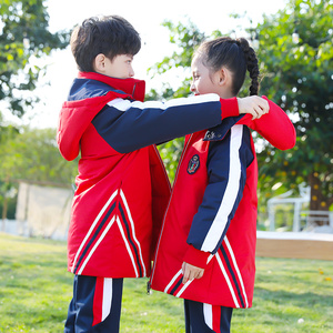 男女儿童棉服韩版中长款加厚新款连帽可拆立领红色保暖羽绒棉外套