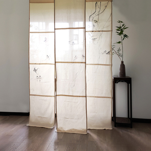中式水墨风景画窗格设计隔断帘高档亚麻禅意入户布帘客厅包间窗帘