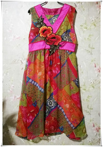 枣花家 渔牌 经典款F8C0119 石榴的颜色 雪纺印花刺绣连衣裙 S/XL