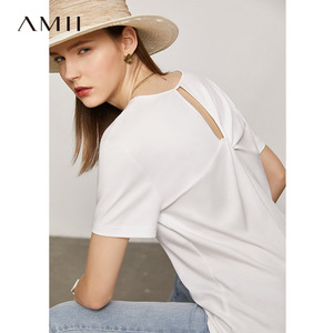 Amii2024夏季新款解构扭结V领T恤女设计后背镂空纯色短袖纯棉上衣