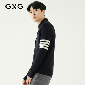 GXG男装2019春装热卖韩版条纹藏青色V领开襟保暖羊毛衫针