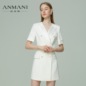 ANMANI恩曼琳夏季新品双排扣小白裙卷袖西装连衣裙女