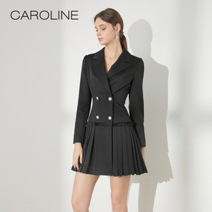 CAROLINE卡洛琳秋季新款西装领修身褶皱收腰连衣裙ECRBAS51