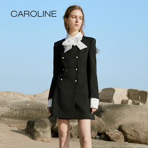 CAROLINE卡洛琳春季新款通勤双排扣西装连衣裙